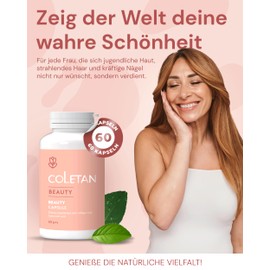 Coletan NEU Beauty-Kapseln mit Hyaluron & Kollagen Komplex [ohne Zusatzstoffe] Collagen mit Hyaluronsäure Kapseln - Unterstützung für Haut Haare Nägel Falten Haarwachs - natürlich - 60 Stk