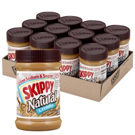 SKIPPY Natural Creamy 1/3 Less Sodium & Sugar Peanut Butter Spread, 15 oz Jars (Pack of 12)– Gluten-Free, 7g Protein per Serving