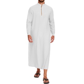 LVCBL Men Kaftan Long Sleeve Linen Moroccan Thobe Men with Pockets White XL