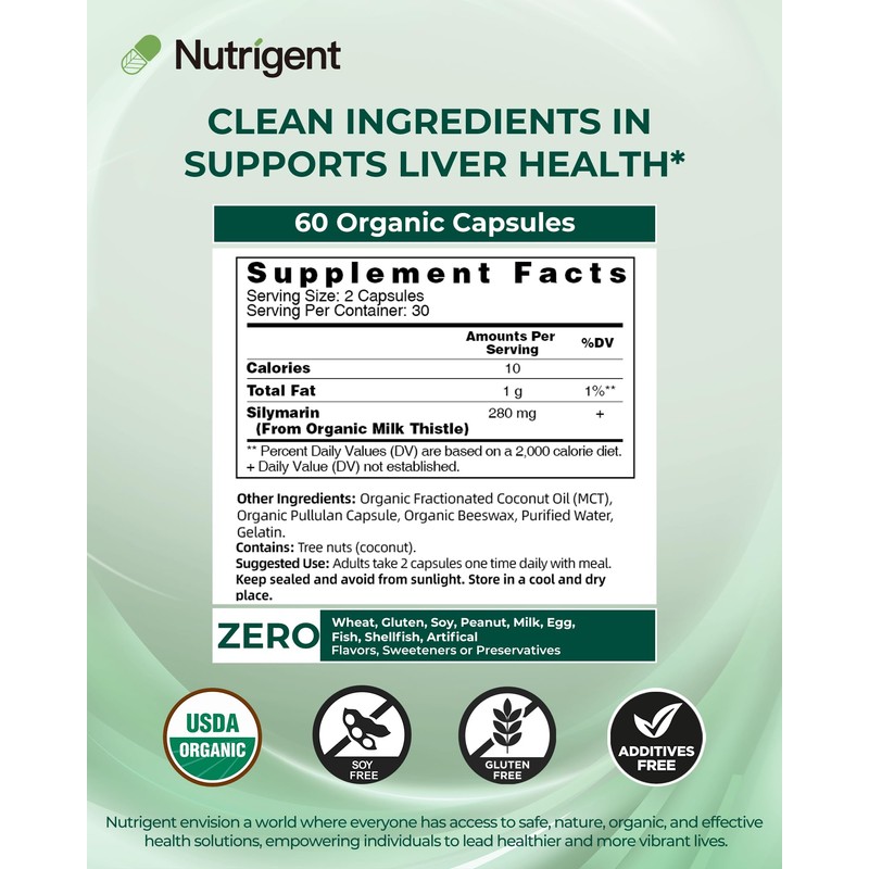 Nutrigent USDA Organic Milk Thistle Supplement, Silymarin Supplement 280 mg,