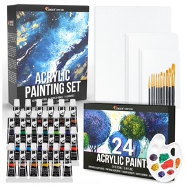Zenacolor - Acrylic Paint Set (40 Pieces) - 24 x 12 ml Acrylic Painting Starter Set - With 5 Canvas, 10 Brushes, 1 Palette - Colours Acrylic Painting Set for Artists - Painting Case for Adults