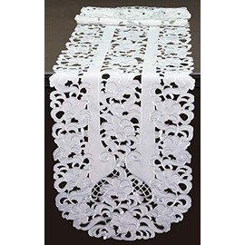 Creative Linens Embroidered Floral Table Runner 15x53 Oval Dresser Scarf White