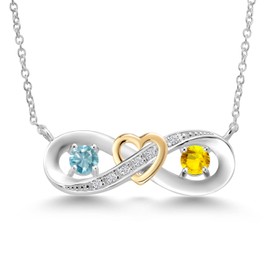 Gem Stone King 0.92 Ct Round Blue Zircon Yellow Sapphire 925 Silver and 10K Yellow Gold 2-Tone Heart Interlocking Infinity Symbol Lab Grown Diamond Pendant Necklace For Women with 18 Inch Chain