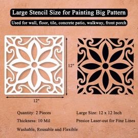 Large Concrete Floor Tile Stencils 12x12 Inches Reusable Mexican Stencil Sunflower Stencil for Painting Floors, Tiles, Walkway, Patio, Porch, Concrete Floor, 2-Pack