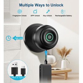 Fingerprint Door Lock, Smart Fingerprint Door Knob with Lock, Biometric Door Lock with App Control & Key, Keyless Thumbprint Entry Door Lock for Bedroom, Front Door, Home, Apartment Office-Black