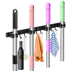 GUUKAR Mop Broom Holder Wall Mount, Black Stainless Steel Tool Storage Organizer for Kitchen Garden Garage Laundry Room Bathroom and RV with 4 Slots 6 Hooks