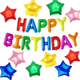 Rainbow Happy Birthday Balloons Banner, 16 Inch Mylar Foil Letters Balloons and 18 Inch Rainbow Star Decoration