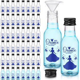 Jingmore 50 Pcs Quinceanera Mini Liquor Bottle Mis Quince Anos 1.7oz Empty Plastic Shot Bottle with Black Screw Cap 1 Funnel Sweet 15 Year Birthday Gift for Guest Recuerdos De Quinceañera Favor(Blue)