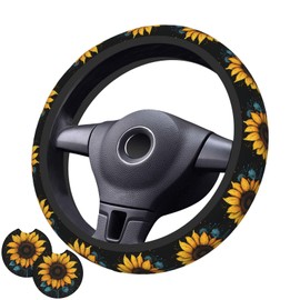 Sunflower Steering Wheel Cover with 2 Car Coasters Non Slip Neoprene for Women Men Universal 15 Inch Stylish and Practical Set