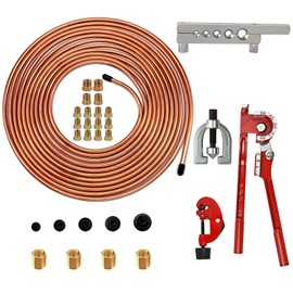 MuHize 1/4 Brake Line - Upgraded Brake Tubing Kit 25 Ft. with 16 Inverted Flare Fittings and 4 Unions + Double & Single Flaring Tool Kit with Tube Cutter and Tubing Bender Included