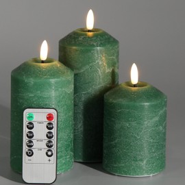 Eywamage Green Flameless Pillar Candles with Remote, Real Wax Flickering LED Candles Battery Operated Set of 3