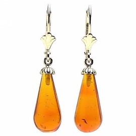 Trustmark 14K Yellow Gold 16mm Natural Baltic Honey Amber Teardrop Lever Back Earrings, Anya