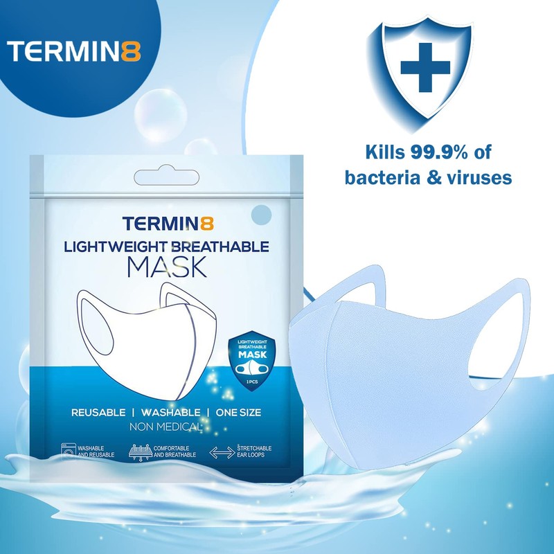 Termin8 Lightweight Breathable Reusable Face Mask for Adults, Machine Washable