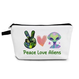 YULUENZE Funny Alien Makeup Bag Alien Lover Gift Organizer Peace Love Aliens Toiletry Zipper Pouch Cosmetic Bag Gift for UFO ET Fans Women Friends Sisters BFF