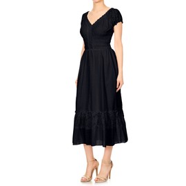 Anna-Kaci Renaissance Peasant Maiden Boho Inspired Cap Sleeve Lace Trim Maxi Dress, Black, XX-Large