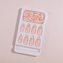 Press On Nails 24pcs Acrylic French Full Cover False Nails Nude Color Golden Waves Almond Fake Nail Women Girls Daily Decoration Nail Extension Easy DIY