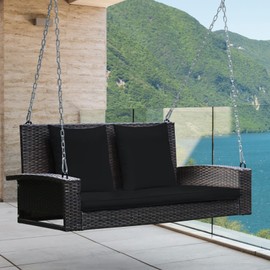 RELAX4LIFE Porch Swing 2-Seat Patio Rattan, Wicker Porch Swings Outdoor W/Two 7.9 Ft Solid Steel Chain, Comfortable Back & Seat Cushions, for Front Porch, Garden, Backyard Patio Swing (Black)