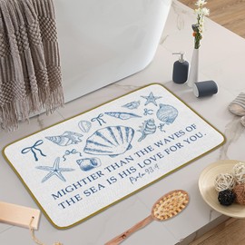 JUIOEIU Christian Preppy Beach Decorative Doormat, Coquette Blue Bow Seashell Bible Verse Floor Mat, Bible Verse Beach Welcome Doormat for Home Indoor Outdoor Front Door Porch Entrance (17 x 30 Inch)