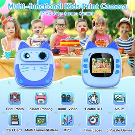 Kids Camera Instant Print with 32GB Card 3 Rolls Print Paper Case Stickers Color Pens, Camera for Kids Birthday Gifts for Girls Boys 4-12 Years Old Blue (Blue)