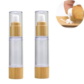 2Pcs 100ml/3.4oz Empty Plastic Airless Vacuum Pump Press Bottles Lotion Dispenser with Eco Bamboo Lid and Bottom Travel Makeup Cosmetic Containers Jar Vials For Emulsion Essence Serum
