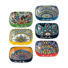 HENXFEN LEAD Boho Ceramic Square Bowls – 20 oz Colorful Bowls for Snacks, Dessert, Side Dishes, Pasta - 6 Inches Appetizer Plates Set of 6, Microwave & Dishwasher Safe