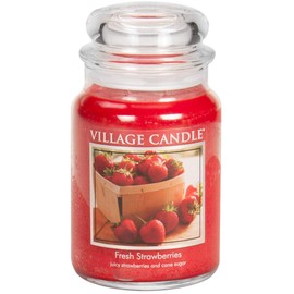 Village Candle Fresh Strawberries Large Glass Apothecary Jar Scented Candle, 21.25 oz, Red, 21 Ounce