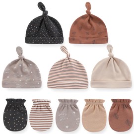 Ecojoy Newborn Baby 5 Hats and 5 Pairs Scratch-Resistant Mittens for Babies, Boys and Girls, Age 0-6 Months, 100% Cotton, Brown set.