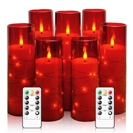 Eebuss Flameless Candles with Embedded Star String, Battery Operated LED Pillar Candles with Timer and Remote Control,Home Decorating for Ambiance， Set of 7 (D 2.3"×H 5" 5" 6" 6" 7" 7" 7")(Red)