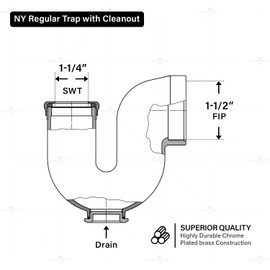 Highcraft Brass Trap NY Regular Trap 1-1/2" x 1/-1/4" Basin Sink Waste Trap with Cleanout, Sink Trap for Bathroom Sink, Kitchen Sink, Utility Sink Tubular Drain Applications, Brass Drain Trap w/Nut
