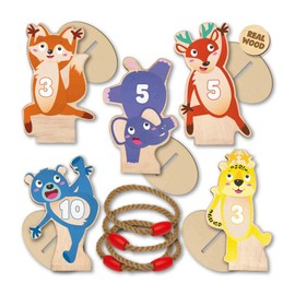 SES Creative 02312 - Ring toss, wooden animals with rope rings, outdoor game set for children 3 years