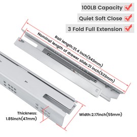 homdiy 1 Pair 21 Inch Undermount Soft Close Drawer Slides, Bottom Mount Full Extension Concealed Rails Track with 3D Adjustable Locking Device and Rear Mounting Brackets,100 LB Capacity