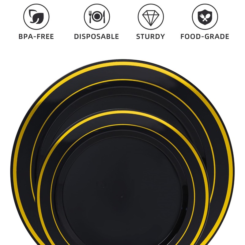 200PCS Black Plastic Plates, Disposable Plates with Gold Rim