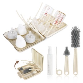 Baby Bottle Brush Set, 6-in-1 Travel Bottle Cleaning Kit with Silicone Brush, Nipple & Straw Cleaner, Soap Dispenser, Drying Rack & Storage Case – Compact Baby Essential for Home & On-The-Go