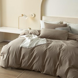 JIYUAN 100% Washed Cotton Duvet Cover Set Comfy Simple Style Soft Breathable Textured Durable Linen Feel Bedding for All Seasons Queen, Solid Khaki