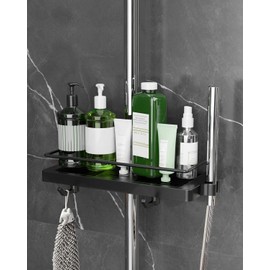 Howdah Duschablage ohne Bohren Duschstangen-Aufbewahrungsregal, Hängende Bad-Accessoire-Halter mit 2 Haken und Edelstahl-Umrandung, Geeignet für 18mm-25mm Duschstangen Schwarz