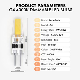 Letaclanic G4 LED Light Bulbs 4000K Cool White Lighting Dimmable, 3W Equivalent to 30W AC DC 12V-24V, Bi-pin LED Bulb Silicone G4 LED Bulbs (10-Pack)