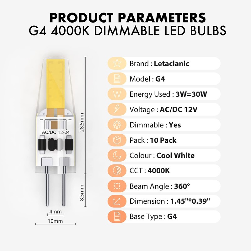Letaclanic G4 LED Light Bulbs 4000K Cool White Lighting Dimmable,