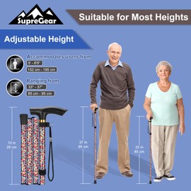 supregear Folding Cane, 5-Level Adjustable Height Walking Stick Lightweight Collapsible Portable Travel Cane with Wrist Strap and T Handle for Elderly Disabled Men Women, White Dense Blossoms