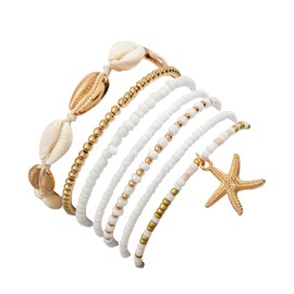 CHAOTEMAI 7 Pieces Bracelets Women's Shell Bracelet Shell Bracelets for Women Set Anklet for Women Boho Multilayer Pearl Bracelets Summer Beach Jewellery Accessories for Girls Women