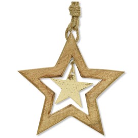 Star Ornament - Gold Metal and Mango Wood Christmas Ornament Holiday Decoration, Large 7"