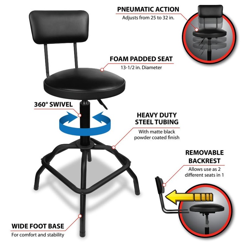 Performance Tool W85016 Pneumatic Stool w/Removable Backrest