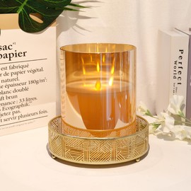 JHY DESIGN Large 3-Wick Glass Flameless Candles 8''H Battery Operated Dancing Flame Flickering LED Pillar Candles with 6-Hour Timer Real Wax Candles for Home Wedding Party Festival（Gold）