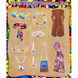 70s Fancy Dress Women,Hippie Costume with Fringe Vest Flared Pants,1970s Retro Hippie Outfit for Carnival Cosplay (Brown, XL)