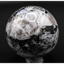 46mm 145g Blue Flash Rainbow Moonstone w/Black Tourmaline Carved Sphere Polished Natural Sparkling Collectible Feldspar Gemstone Crystal Mineral Décor Ball - India + Stand