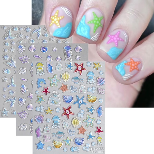 3Pcs Ocean Nail Stickers for Nail Art 5D Embossed Fishtail