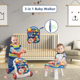 QDRAGON 3 in 1 Baby Walker and Activity Center for Boy, Learning to Walk, Sit to Stand, Early Educational Push Toys with Music Panel for Infant Toddler 12+ Months Blue
