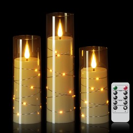 Wondise Flameless Flickering Candles with Embedded Star String Remote and Timer Battery Operated Flickering LED Candles Durable Acrylic Shell Pillar Candles for Christamas Home Decoration (Grey