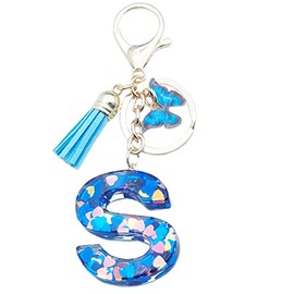 Unpafcxddyig Initials Letter Keychain Blue Tassel Butterfly Pendant for Women Girls Wallet Backpack Purses,Letter S