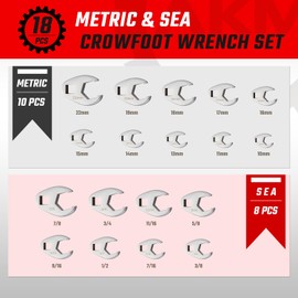 AKM 3/8" Drive Crowfoot Wrench Set, 18-Piece Cr-v Steel Flare Nut Wrench Set, 6 Point Flare Nut Crowfoot, Fully Polished Clear Mark SAE 3/8"-7/8" & Metric 10-22mm with Organizer Box