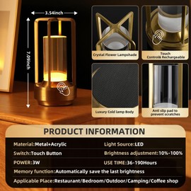 Portable Touch Control Table Lamp with 5000mAh Battery, 3-Color Stepless Dimming Cordless LED Light for Bedroom/Camping/Restaurant/Bar Indoor & Outdoor (1-Pack Gold)